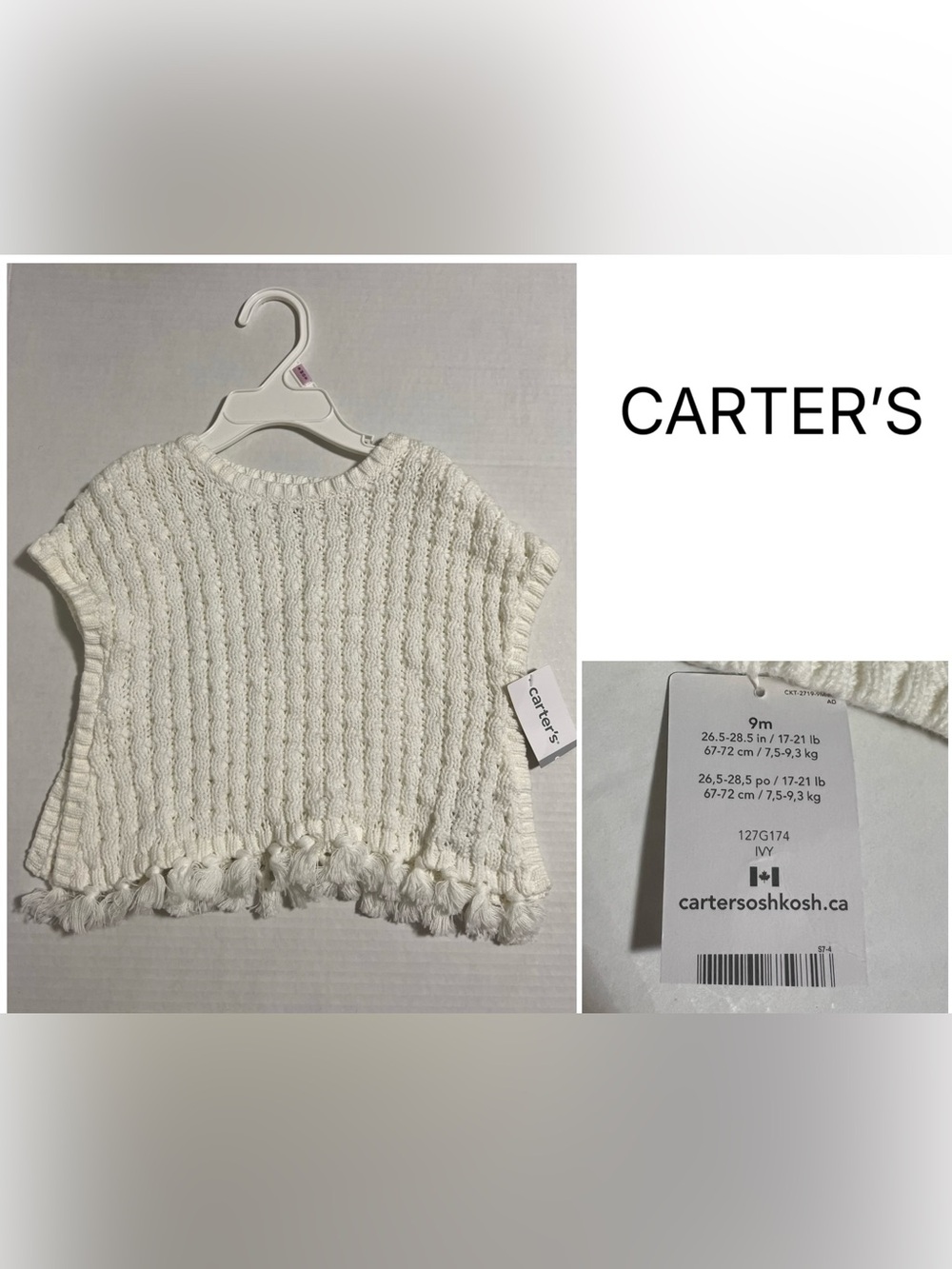 CARTER’S - 9M - NWT - INFANT WHITE / CREAM KNIT FRINGE PONCHO SWEATER